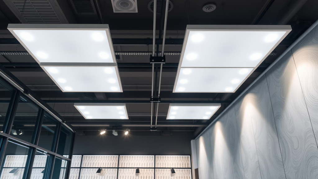 LED-Panels in einem modernen Raum, zeigen ihre flache Bauweise und gleichmäßige Ausleuchtung, installiert an Decke und Wand für flexible Nutzung.