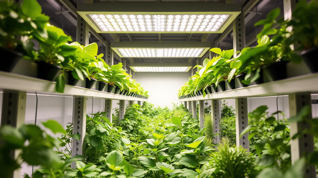 LED-Pflanzenbeleuchtung in einem Vertical-Farming-System, das angepasstes Lichtspektrum und automatisierte Steuerung zur Förderung des Pflanzenwachstums zeigt.