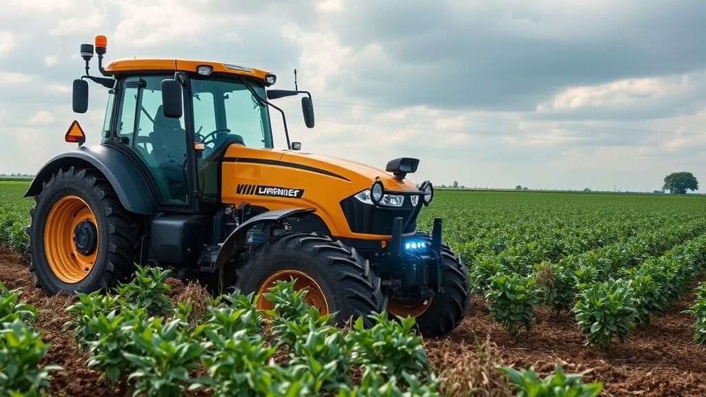 Landwirt bedient automatisierte landwirtschaftliche Maschine mit Sensoren, die Bodenfeuchtigkeit und Pflanzenvitalität in Echtzeit überwachen.