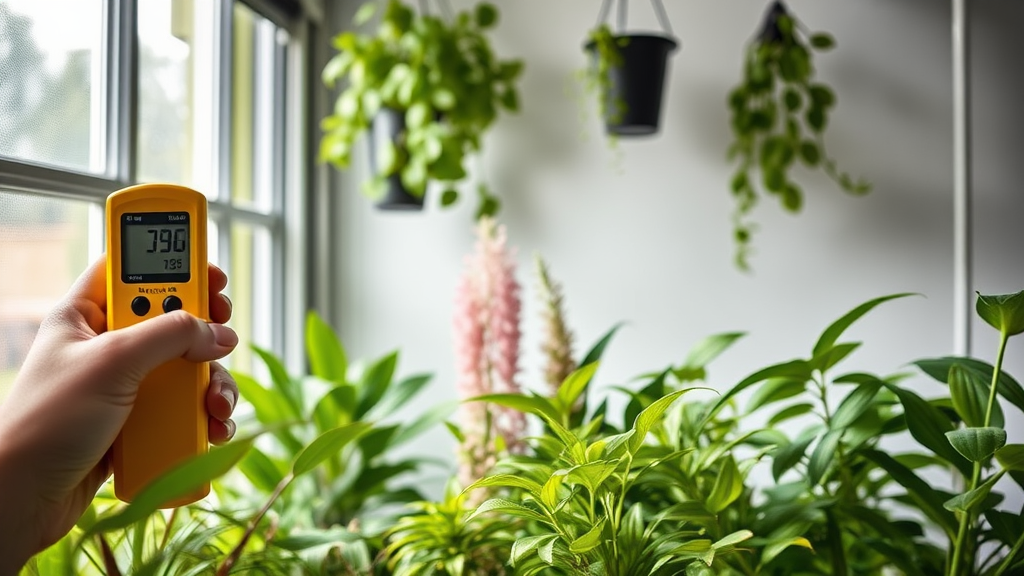 Luxmeter zeigt Lichtintensität an, während verschiedene Pflanzenarten in einem Indoor-Garten gedeihen, um den Lichtbedarf visuell darzustellen.