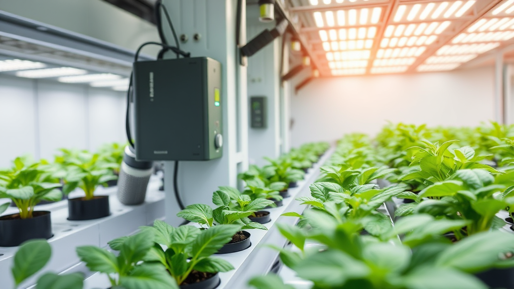 Moderne Indoor-Farming-Anlage mit automatischem Bewässerungssystem, LED-Pflanzenbeleuchtung und smarten Sensorsystemen zur optimalen Pflanzenpflege.