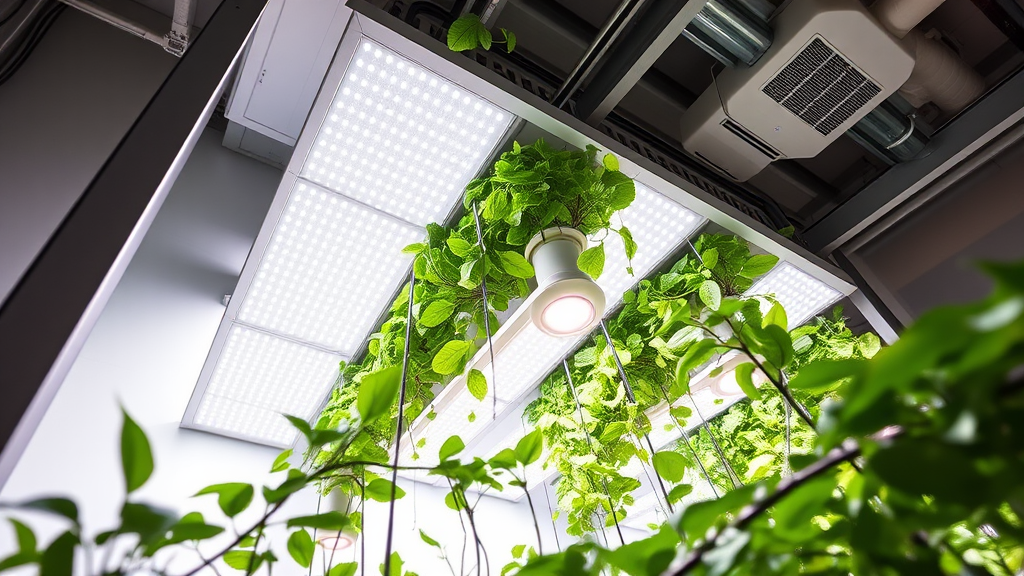 Moderne Vertical-Farming-Anlage mit LED-Beleuchtung, Klimaanlage und Hochbeeten, die den energieintensiven Ansatz des Pflanzenanbaus zeigt.