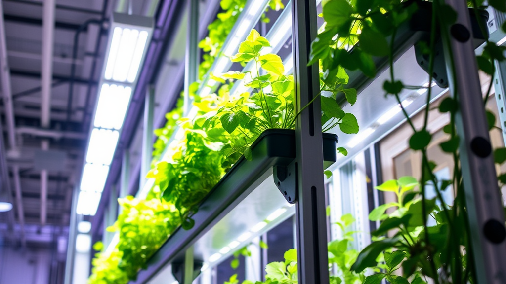 Moderne Vertical-Farming-Anlage mit LED-Beleuchtung, Klimakontrollsystemen und Sensoren zur Überwachung von Pflanzenwachstumsfaktoren.