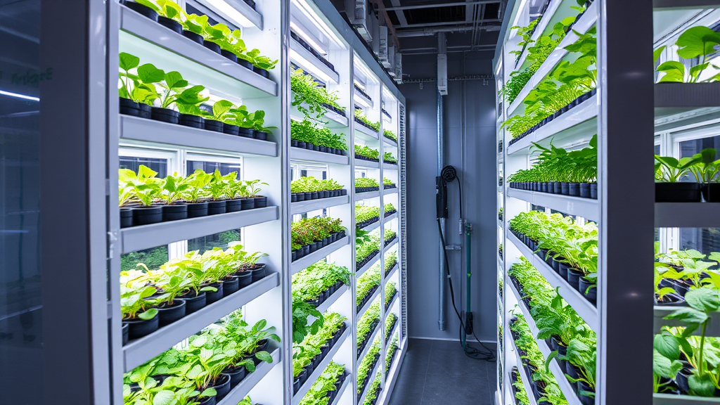 Moderne Vertical-Farming-Anlage mit Pflanzen in transparenten Regalen, LED-Beleuchtung und digitalen Kontrollen zur Optimierung des Wachstums.