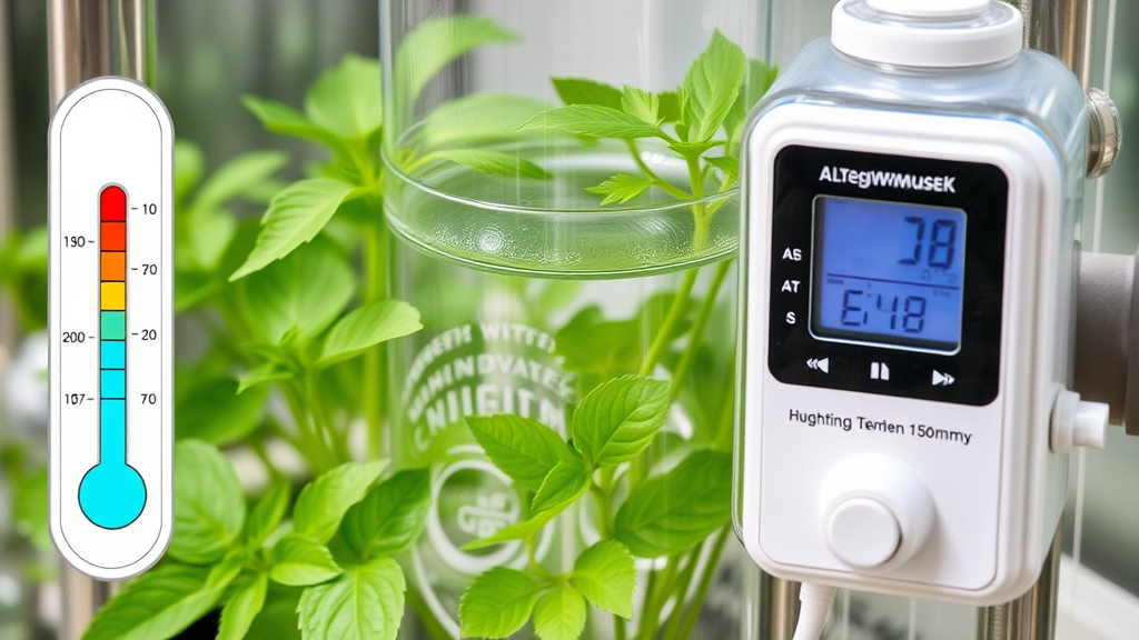 Nahaufnahme eines Hydroponik-Systems mit Temperaturanzeige, das Wasser in einem klaren Behälter zeigt, umgeben von gesunden Pflanzen ohne Algenwuchs.