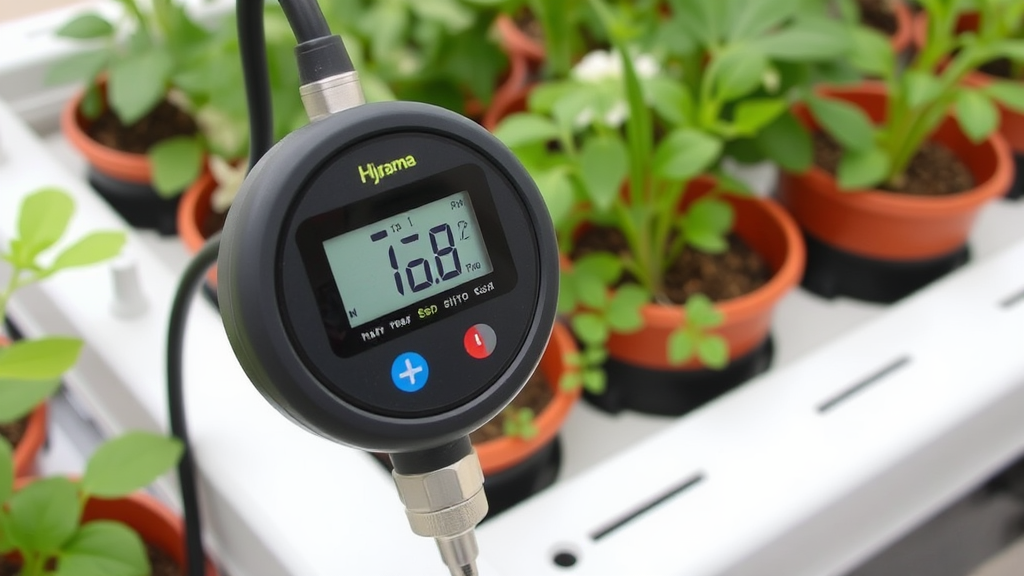 Nahaufnahme eines pH-Messgeräts, das den pH-Wert einer Nährlösung in einem Hydroponik-System anzeigt, mit Pflanzen im Hintergrund.