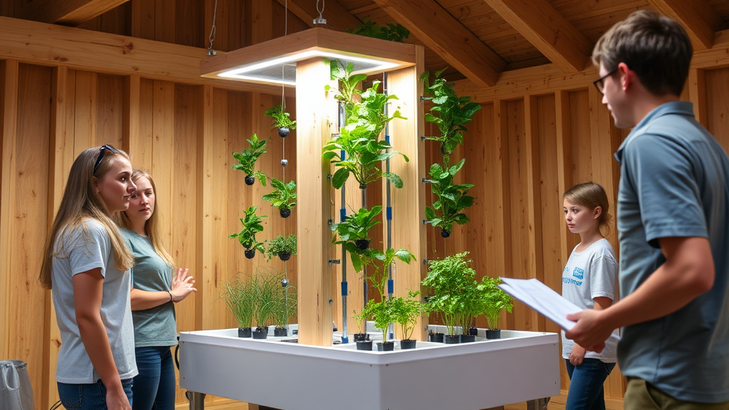 Schüler präsentieren ein Vertical-Farming-Modul in einem Holzbau mit Förderbändern; KI-System zur Pflanzenbewässerung und Wachstumsüberwachung in Aktion.