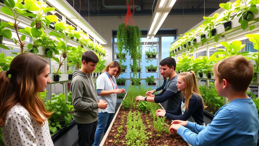 Schüler und Lehrer arbeiten gemeinsam an einer Vertical-Farming-Anlage in einer Schule, um Pflanzen anzubauen, während sie Schulungen und Unterrichtsmaterialien nutzen.