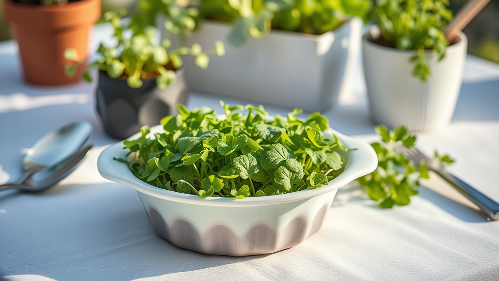 Schüssel mit frisch geernteten Microgreens, darunter Kresse und Rucola, auf einem hellen Tisch, umgeben von Anbauutensilien und Lichtquelle.