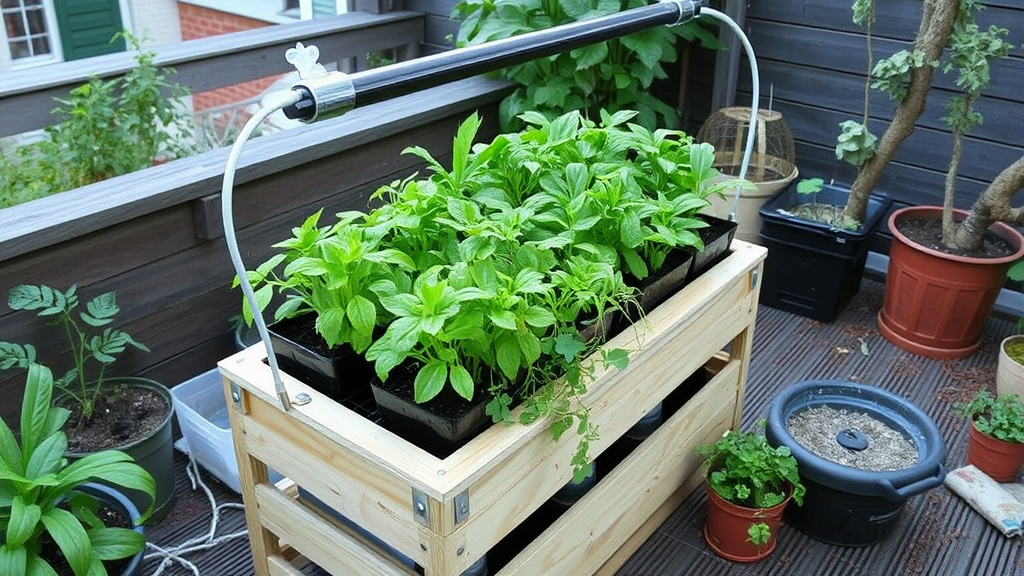 Selbstgebautes Hydroponik-System mit Pflanzen in Nährstofflösung, das auf einer Terrasse steht, umgeben von Pflanzen und Materialien für den Anbau.