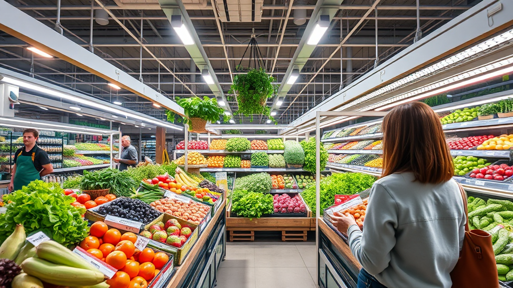 Supermarkt mit integrierter Vertical-Farming-Anlage, frische Produkte im Angebot und Kunden, die den Anbauprozess beobachten.