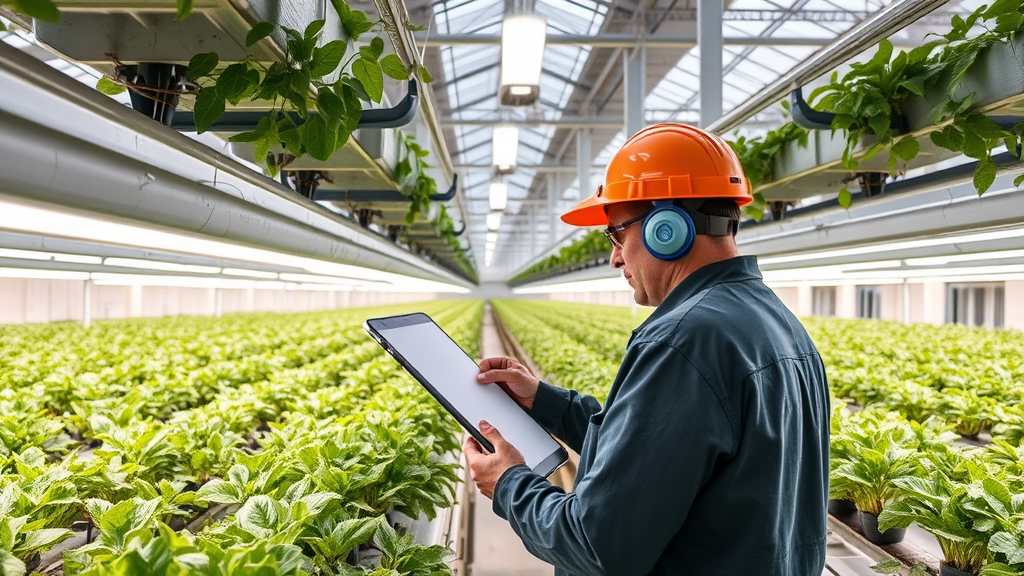 Techniker führt Wartungsarbeiten an Ventilatoren und Pumpen in einer Vertical-Farm durch, um den Geräuschpegel zu minimieren und die Effizienz zu steigern.