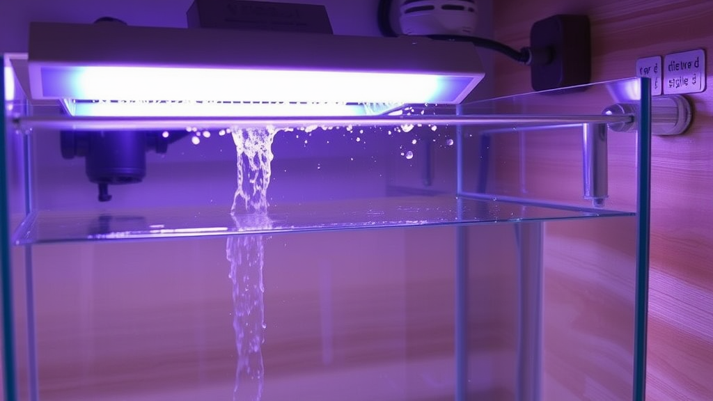UV-Klärer in einem Hobby-Hydroponik-System, das Wasser durch eine transparente Kammer mit UV-Licht zur Algenbekämpfung leitet, um Wasserqualität zu verbessern.