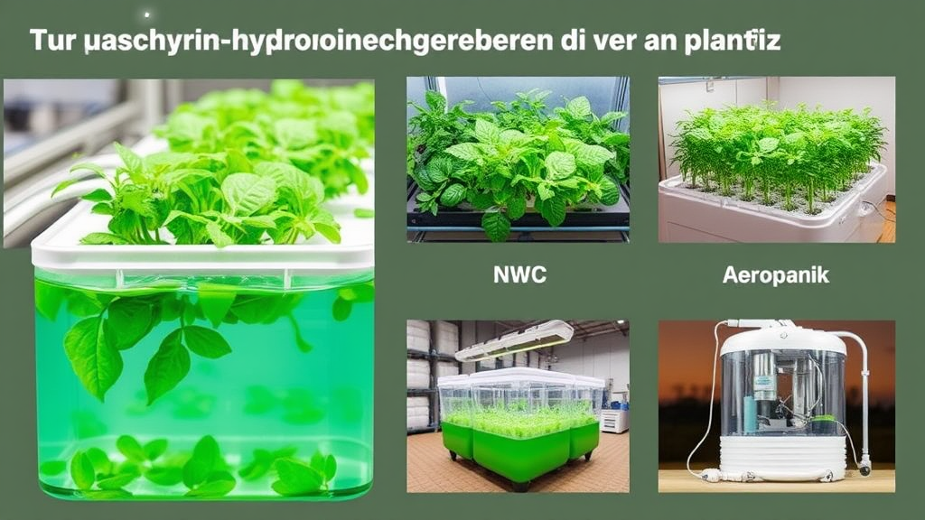 Vergleich verschiedener hydroponischer Systeme für den Anbau von Pflanzen, inklusive Dochtsystem, DWC, NFT und Aeroponik, mit Bildern von Anlagen.