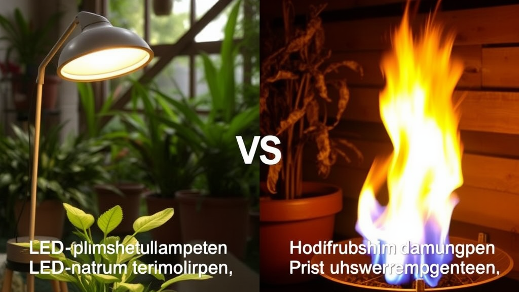 Vergleich von LED-Pflanzenlampen und Hochdruck-Natriumdampflampen, mit Fokus auf Energieeffizienz, Lichtspektrum und Wärmeentwicklung in einem Indoor-Garten.