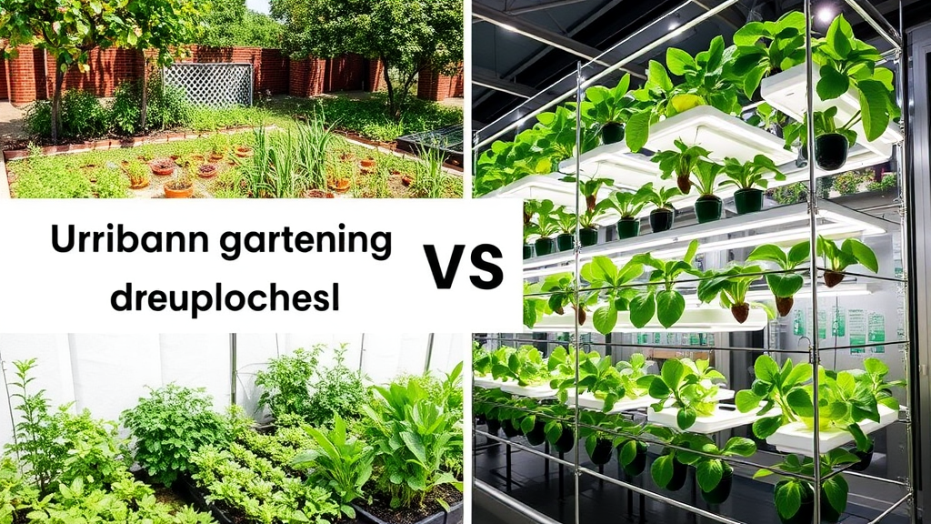 Vergleich zwischen Urban Gardening und Vertical Farming mit Bildern von Gemeinschaftsgärten und einer hochtechnologischen Vertical-Farming-Anlage, die Pflanzen in vertikalen Schichten zeigt.