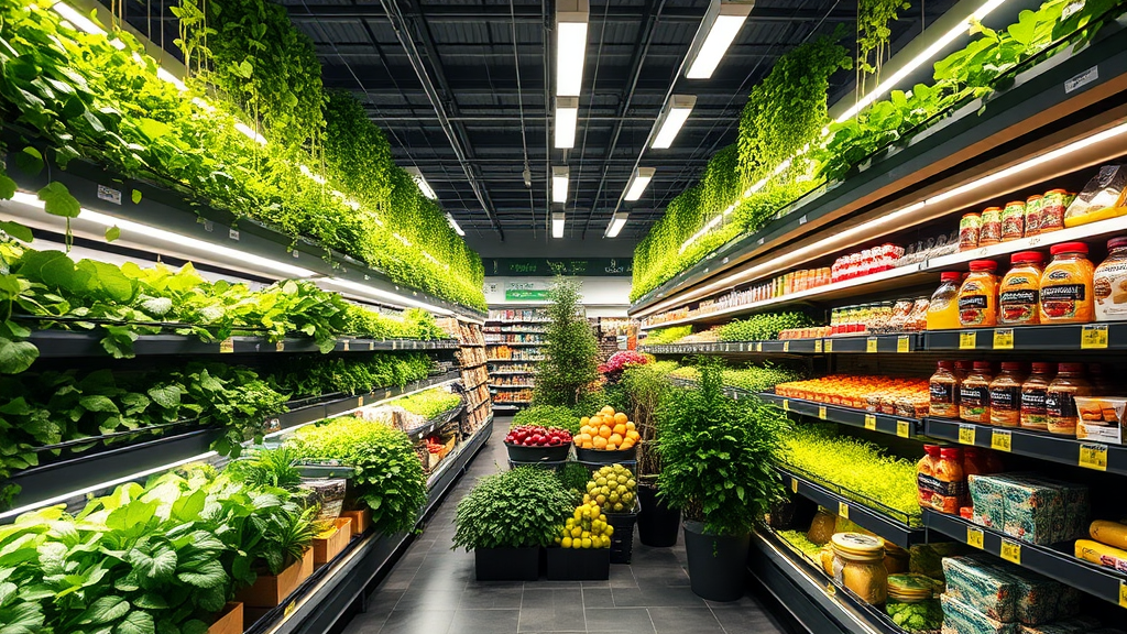 Vertical Farm integriert in Supermarkt mit LED-Beleuchtung und Pflanzregalen, um frische Lebensmittel anzubauen, umgeben von Preisschildern und Regalen.