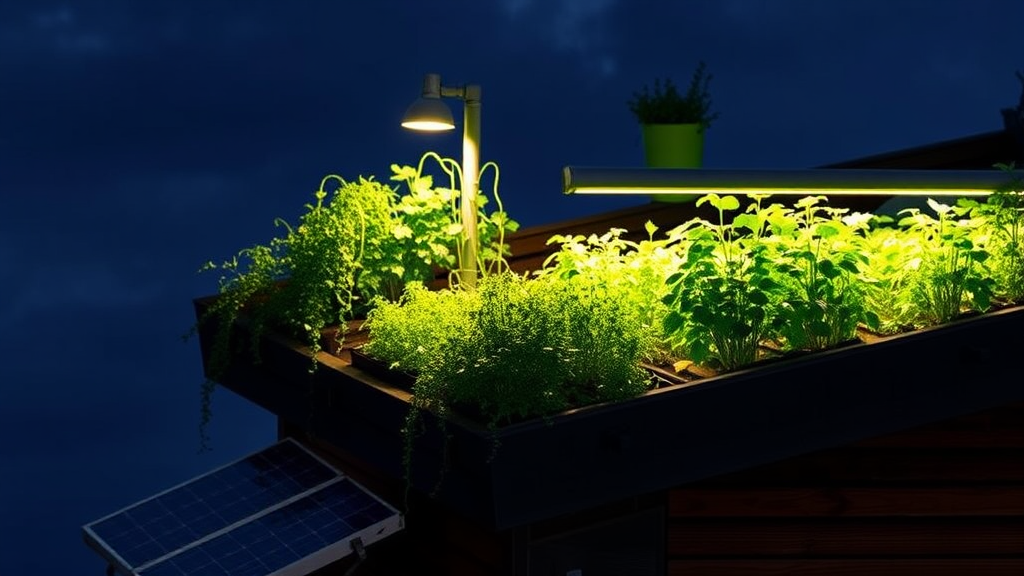 Vertical Farm mit energieeffizienten LED-Lampen, Sensoren zur Überwachung der Umgebung und Solarpanelen auf dem Dach zur Stromerzeugung.