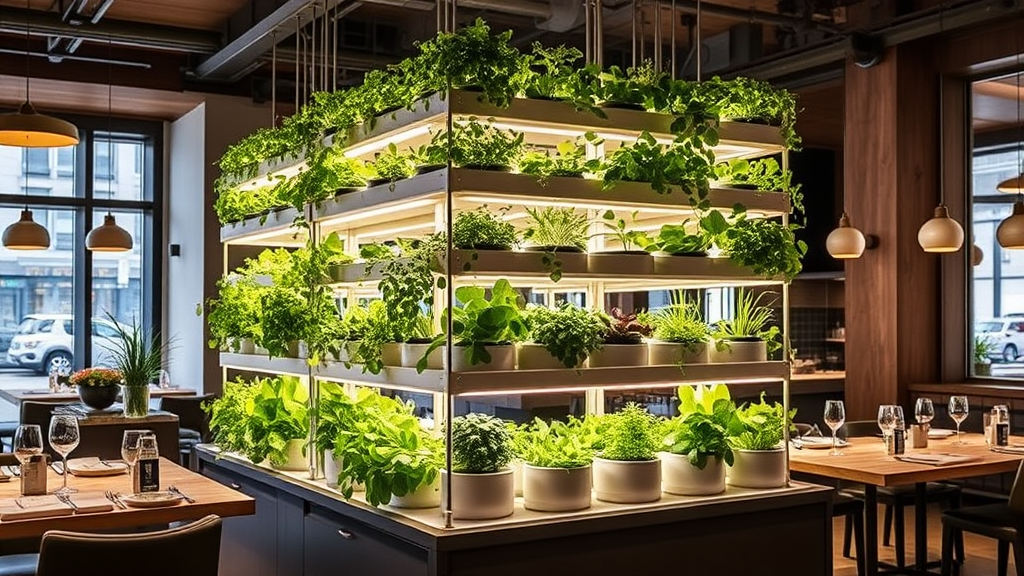 Vertical-Farming-Anlage im urbanen Restaurant mit mehreren Ebenen für den Anbau von frischen Kräutern und Gemüse, umgeben von modernen Küchenelementen.