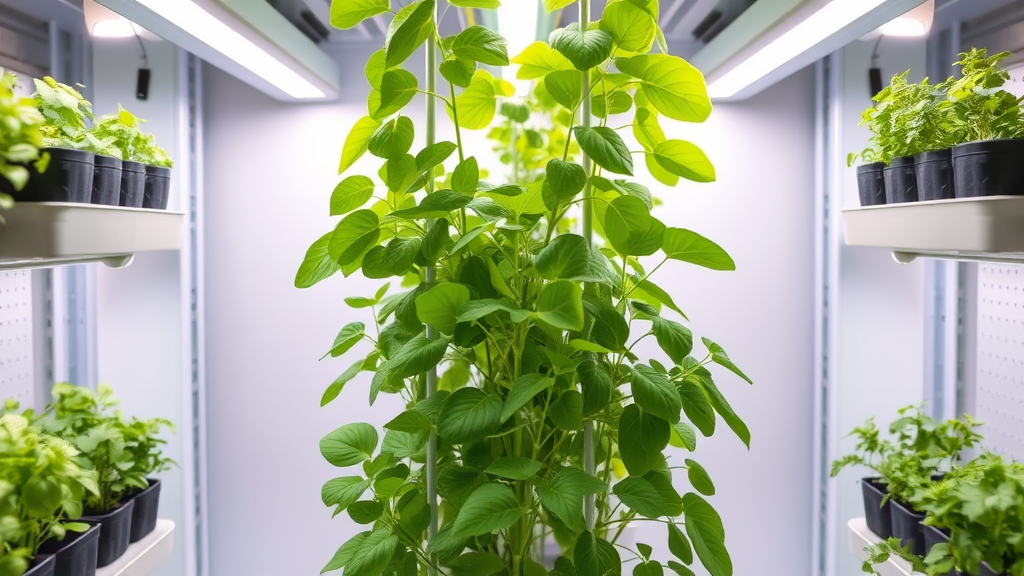 Vertical-Farming-Anlage mit IKEA-Regalen, sauberen Anbaubehältern und Pflanzen, die unter einer funktionierenden LED-Beleuchtung wachsen.