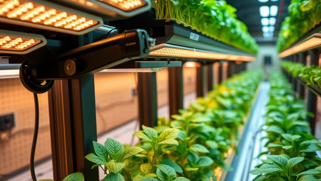 Vertical-Farming-Anlage zur Pilzproduktion mit automatisierten Systemen, Luftfiltration zur Kontaminationskontrolle und energieeffizienter LED-Beleuchtung.