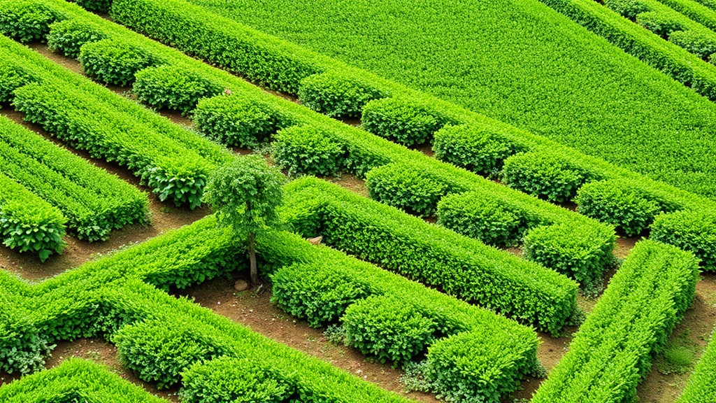 Vertikale Anbaustruktur mit Bohnen und Erbsen, die an Rankhilfen hochwachsen, und einem grünen Hintergrund, der die Nährstoffvielfalt zeigt.