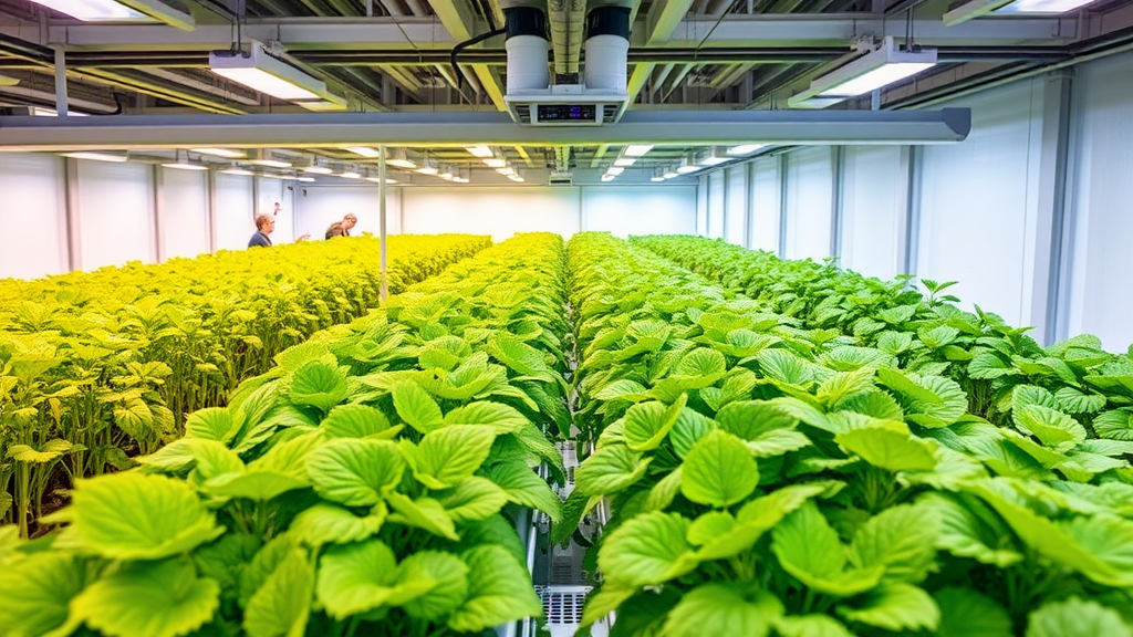 Vertikale Indoor-Farm mit Klimasteuerungssystem, Sensoren und Pflanzen in unterschiedlichen Wachstumsphasen, die ideale Temperatur- und Luftfeuchtigkeitsbedingungen zeigen.