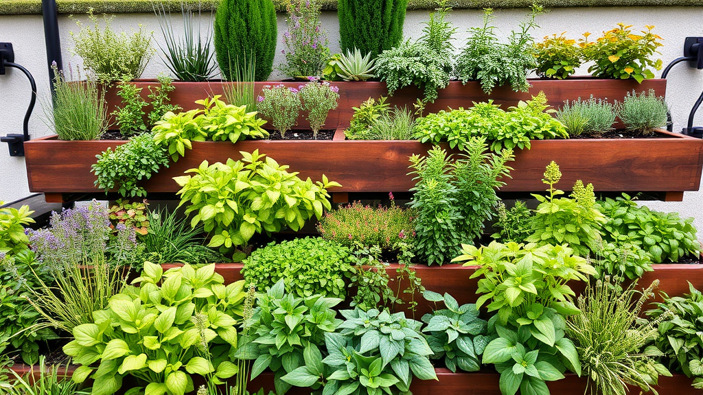 Vertikaler Kräutergarten mit übereinander angeordneten Pflanzen, modernem Bewässerungssystem und einem Mix aus Kräutern, das eine grüne Fassade bildet.
