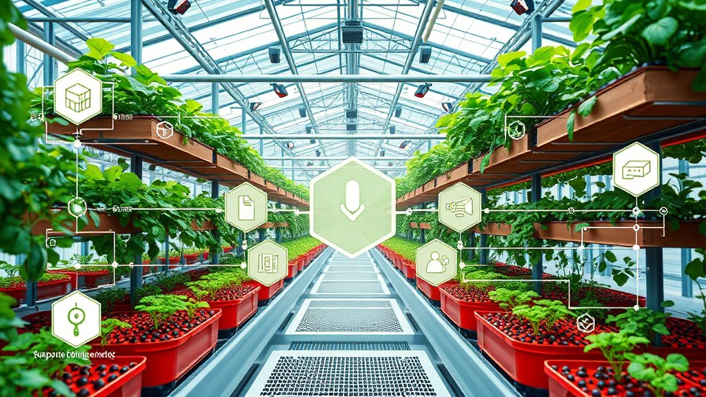 Visualisierung eines Vertical Farming-Betriebs mit technischen Elementen zur Blockchain-Integration, darunter Datenströme, Sicherheitsprotokolle und Schulungen für Mitarbeiter.