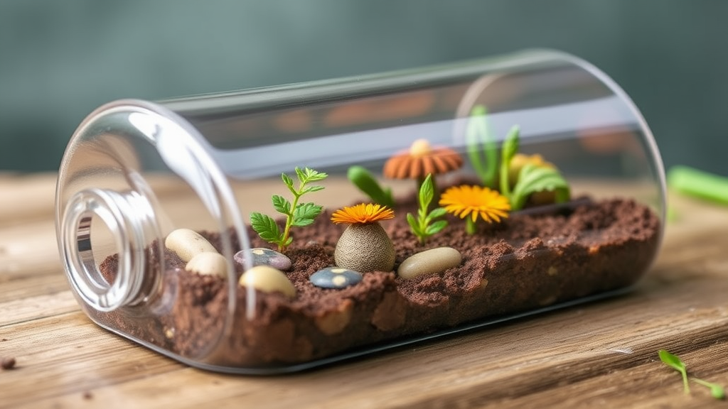 Geschlossenes Glasgefäß mit verschiedenen Farnarten, das ein feuchtes Mikroklima simuliert und mit einer Drainageschicht sowie nährstoffarmer Erde ausgestattet ist.