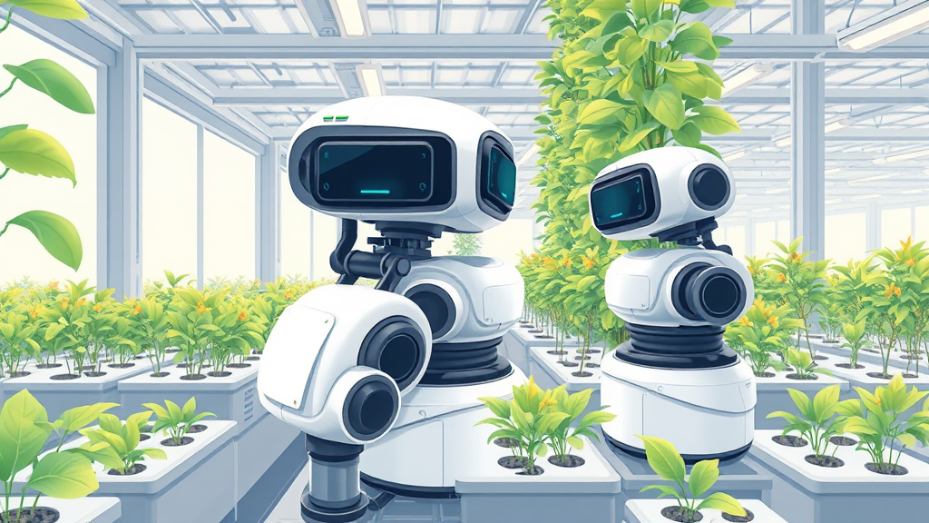 Illustration eines FarmBot-Roboters in einer Vertical-Farming-Anlage, der Pflanzen präzise säht und bewässert, umgeben von modularen Anbausystemen.
