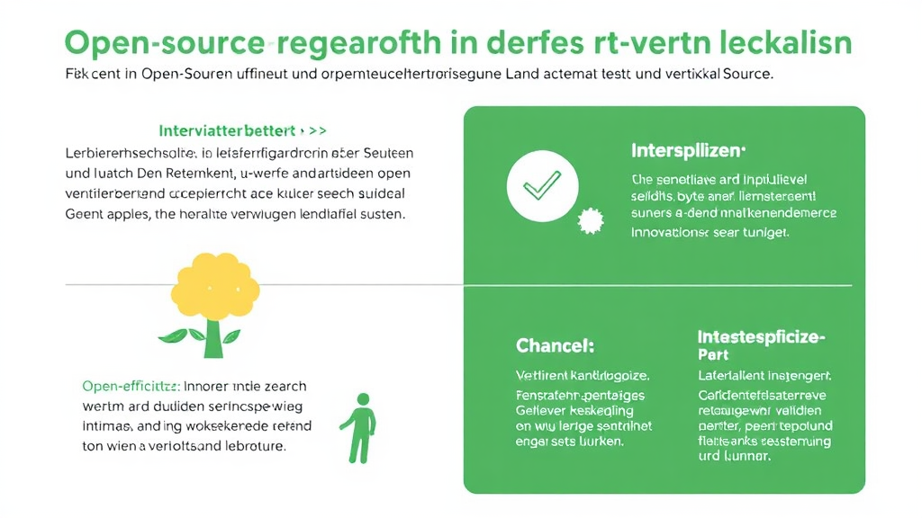 Infografik über Open-Source-Technologien in der vertikalen Landwirtschaft, die Herausforderungen wie Interoperabilität und Datensicherheit sowie Chancen wie Kosteneffizienz und Innovationsförderung darstellt.