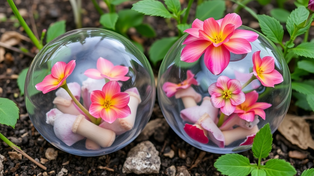 Zwei Glasgefäße mit Fittonien und Peperomien, die in feuchter Umgebung prächtig wachsen, ihre bunten Blätter zur Schau stellend.